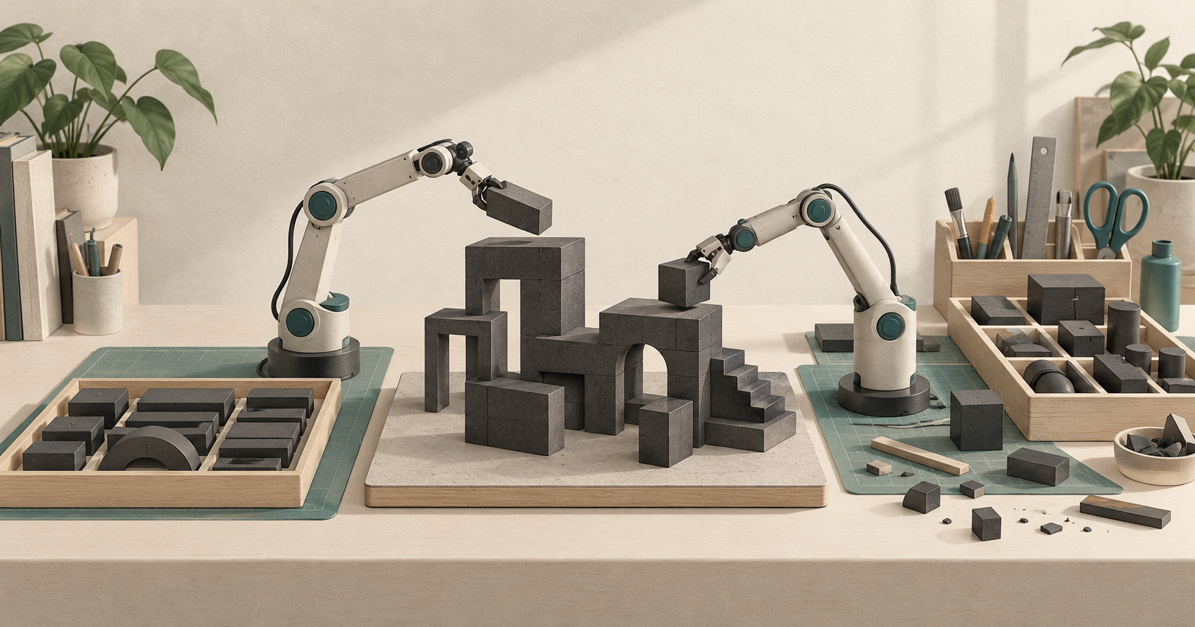 Two mechanical arms assemble a modular structure beside a tidy component tray and a broader collection of tools.