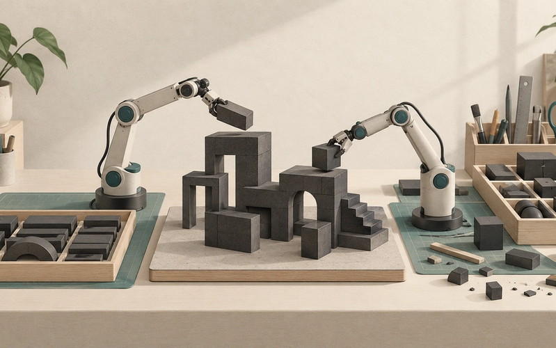 Two mechanical arms assemble a modular structure beside a tidy component tray and a broader collection of tools.