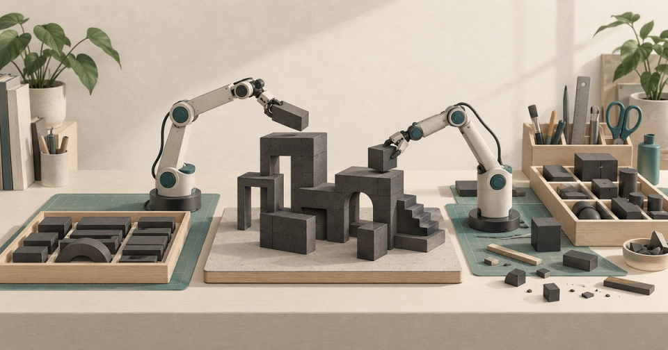 Two mechanical arms assemble a modular structure beside a tidy component tray and a broader collection of tools.