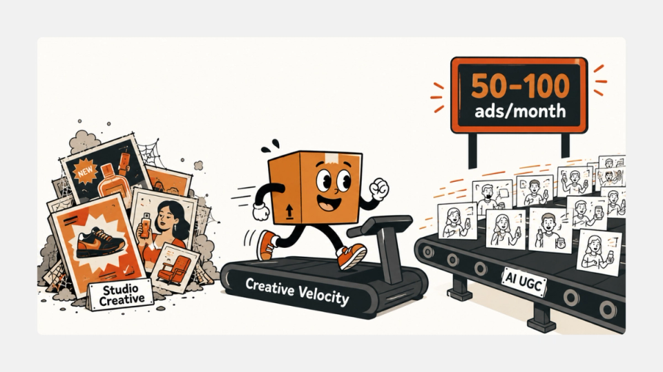 Brand mascot on creative velocity treadmill producing AI UGC ads at scale.