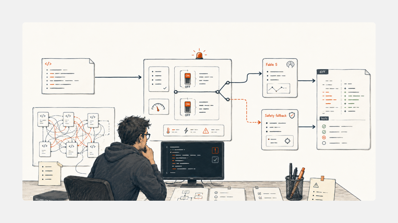 Illustration of a coding agent debugging code while a routing panel sends requests through Fable 5 or a safety fallback path.