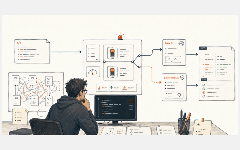Illustration of a coding agent debugging code while a routing panel sends requests through Fable 5 or a safety fallback path.