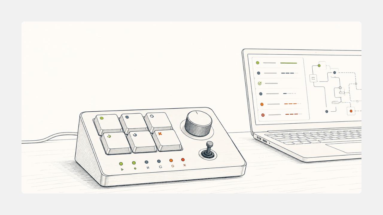 Codex Micro keypad showing live AI agent status beside a developer workstation.