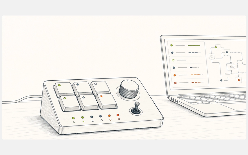 Codex Micro keypad showing live AI agent status beside a developer workstation.