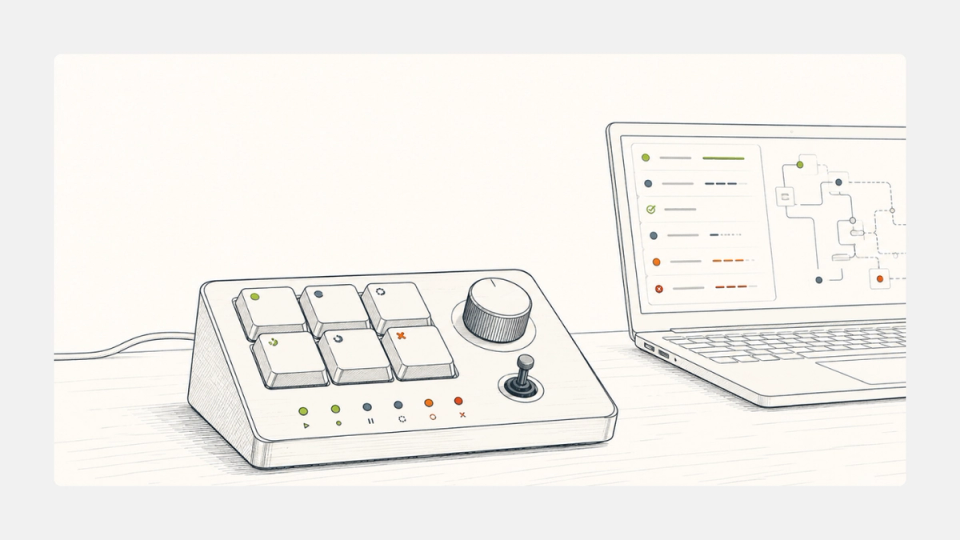 Codex Micro keypad showing live AI agent status beside a developer workstation.