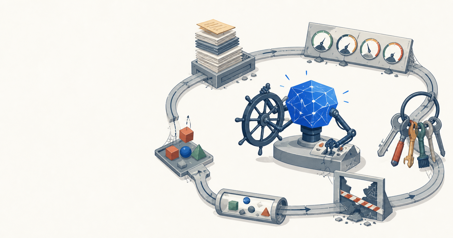 An abstract AI decision engine steers a misaligned loop of context, tools, permissions, and verification.