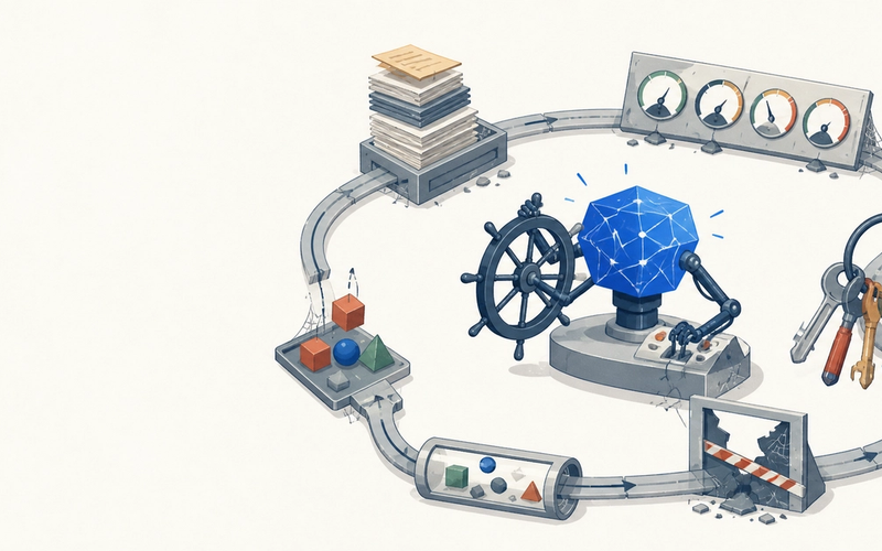 An abstract AI decision engine steers a misaligned loop of context, tools, permissions, and verification.