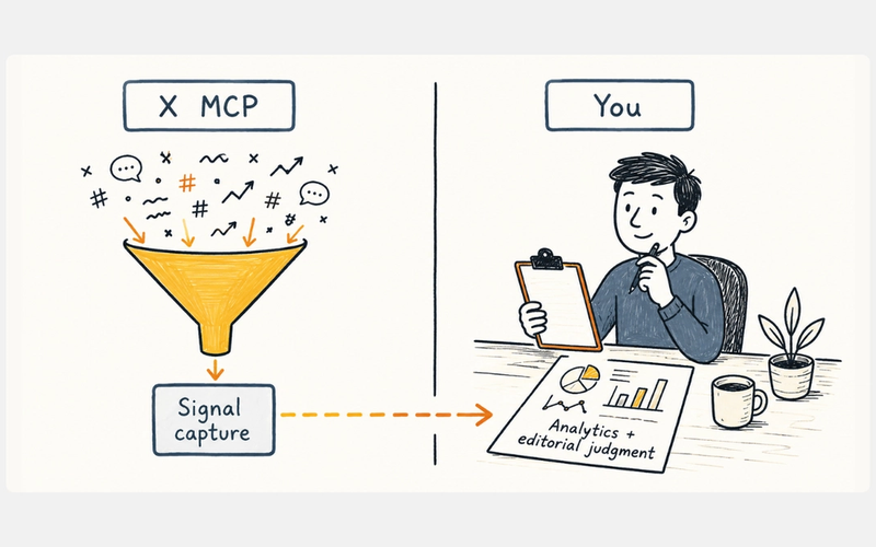 X MCP as a social signal layer feeding SEO research workflow.