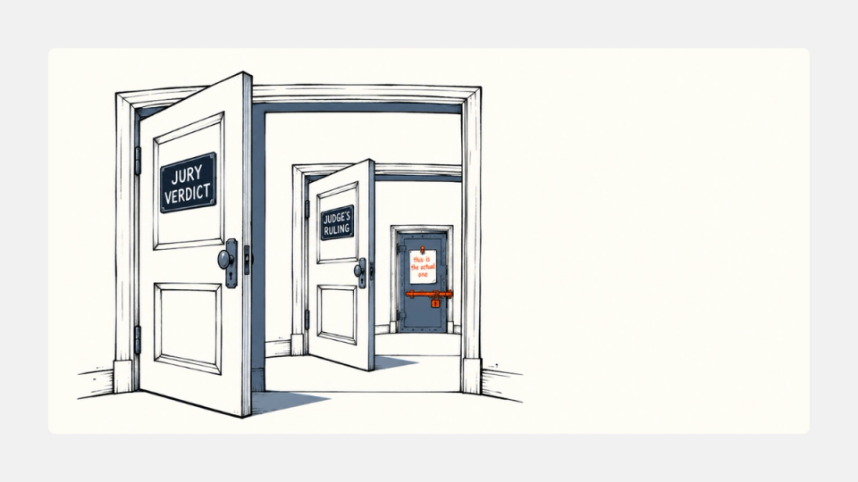 Three nested courtroom doors labeled Jury Verdict, Judge's Ruling, and Remedies Phase, with the smallest one bolted shut and tagged "the actual one". Visual metaphor for the Musk v. OpenAI trial structure.