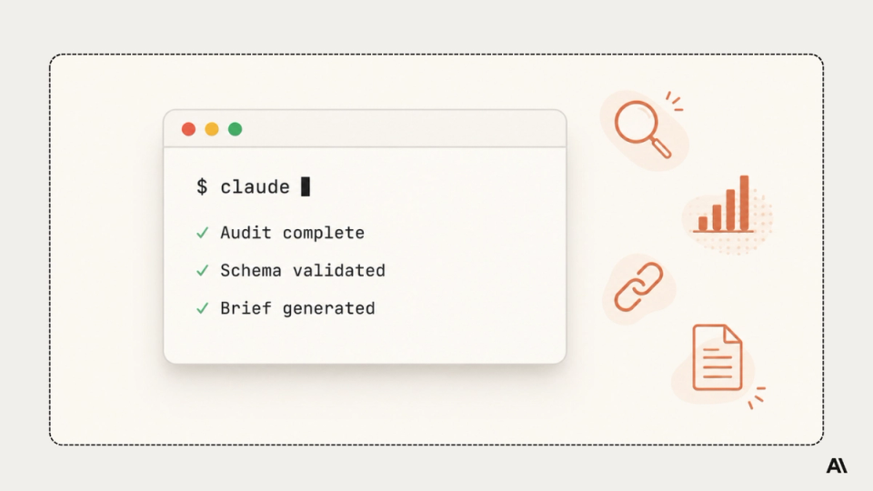 Terminal window on cream background running Claude Code with SEO task checkmarks.