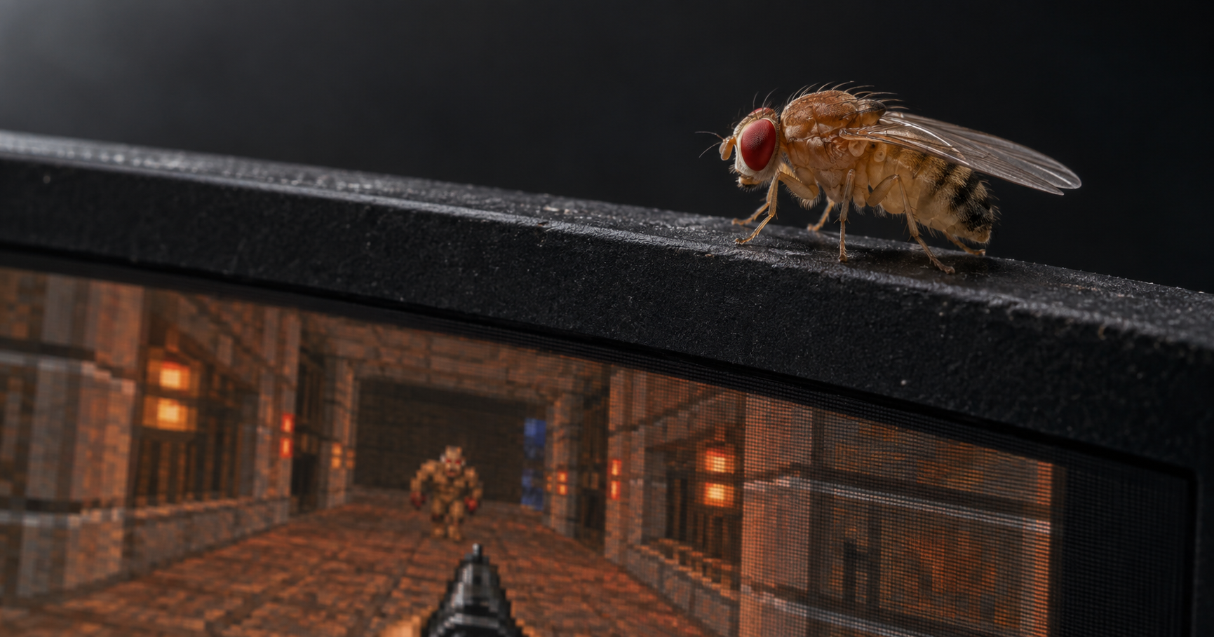 A fruit fly perched on a gaming monitor’s bezel, beside a Doom-like scene. Photographic realism, with the absurdity carried by the setting