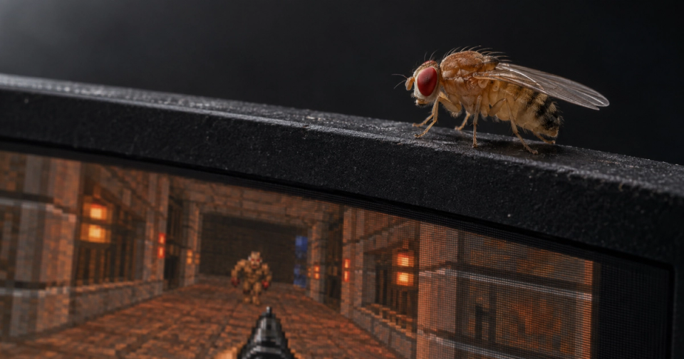 A fruit fly perched on a gaming monitor’s bezel, beside a Doom-like scene. Photographic realism, with the absurdity carried by the setting