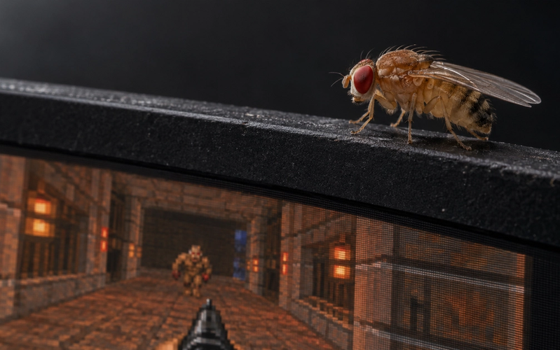 A fruit fly perched on a gaming monitor’s bezel, beside a Doom-like scene. Photographic realism, with the absurdity carried by the setting