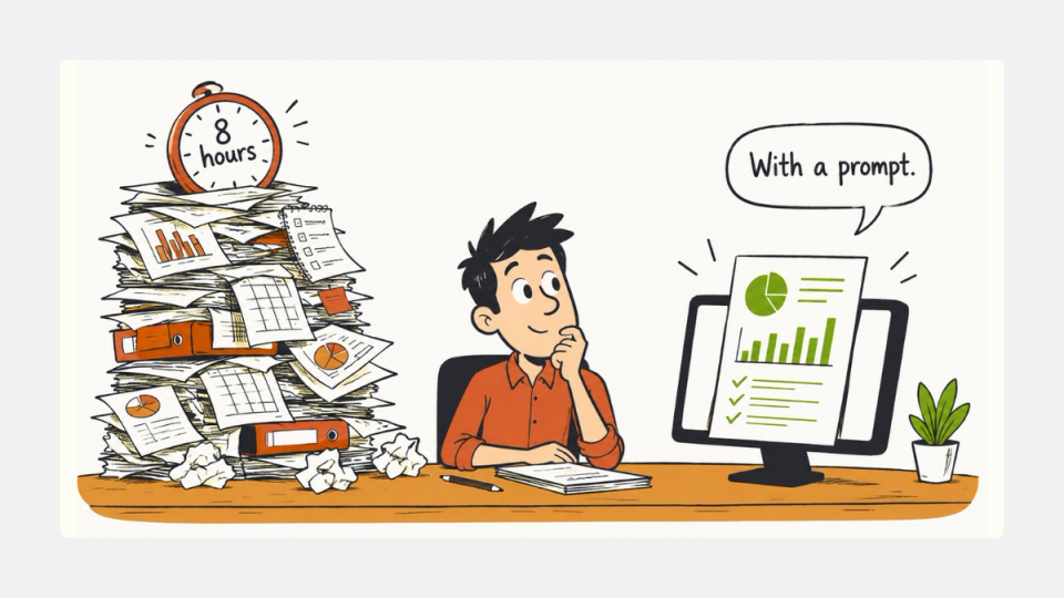 A cartoon marketing analyst replacing an 8-hour manual report stack with one AI prompt.