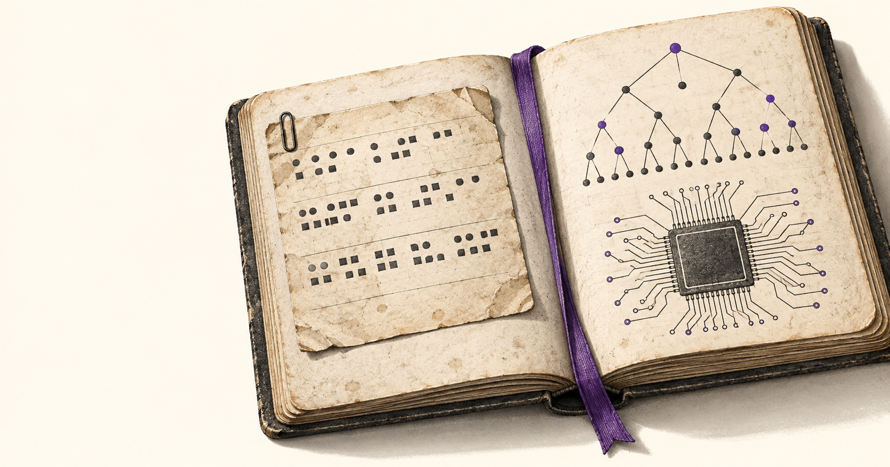 A strong image description for the article would be:  **An open archival notebook records three forms of scientific discovery: a weathered cipher slip made from abstract dots and squares, a branching mathematical graph, and a detailed semiconductor chip diagram. Violet accents and a bookmark tie the pages together, while aged paper textures and precise inkwork give the scene the feel of a carefully preserved research record.**