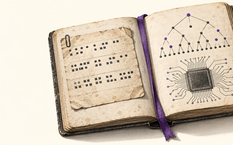 A strong image description for the article would be: **An open archival notebook records three forms of scientific discovery: a weathered cipher slip made from abstract dots and squares, a branching mathematical graph, and a detailed semiconductor chip diagram. Violet accents and a bookmark tie the pages together, while aged paper textures and precise inkwork give the scene the feel of a carefully preserved research record.**