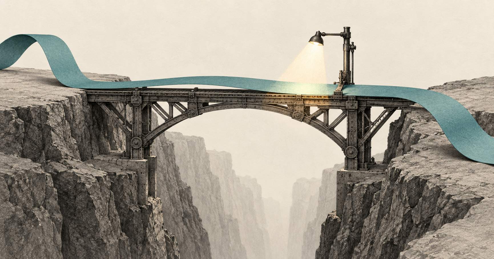 A teal paper ribbon crosses a steel bridge over a deep canyon, with an inspection lamp illuminating only a small section.