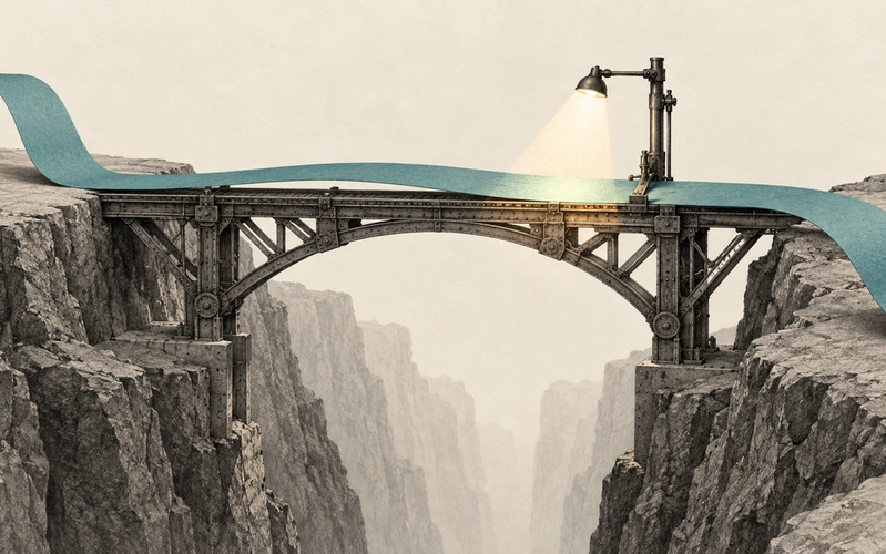 A teal paper ribbon crosses a steel bridge over a deep canyon, with an inspection lamp illuminating only a small section.