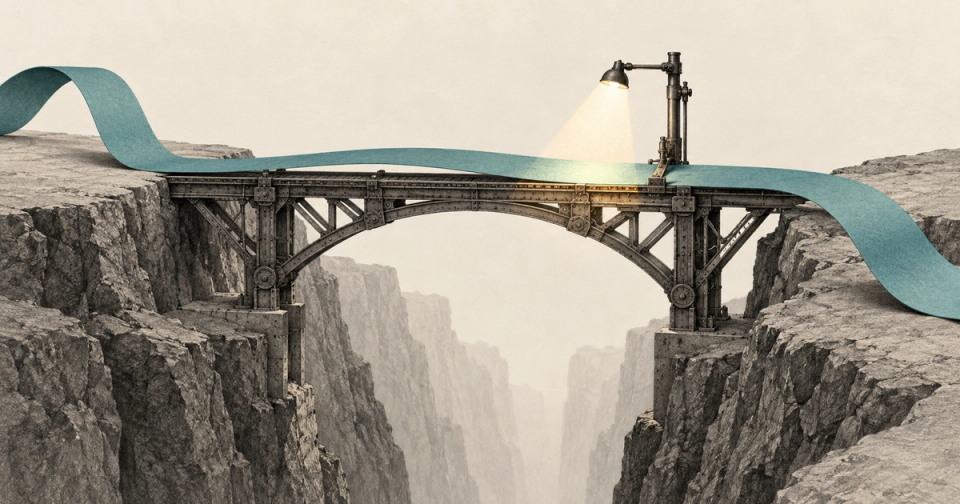 A teal paper ribbon crosses a steel bridge over a deep canyon, with an inspection lamp illuminating only a small section.