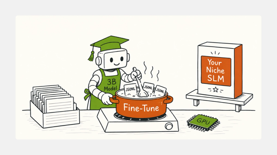 A cartoon robot fine-tuning a small language model for a niche task using a dataset of JSONL cards.