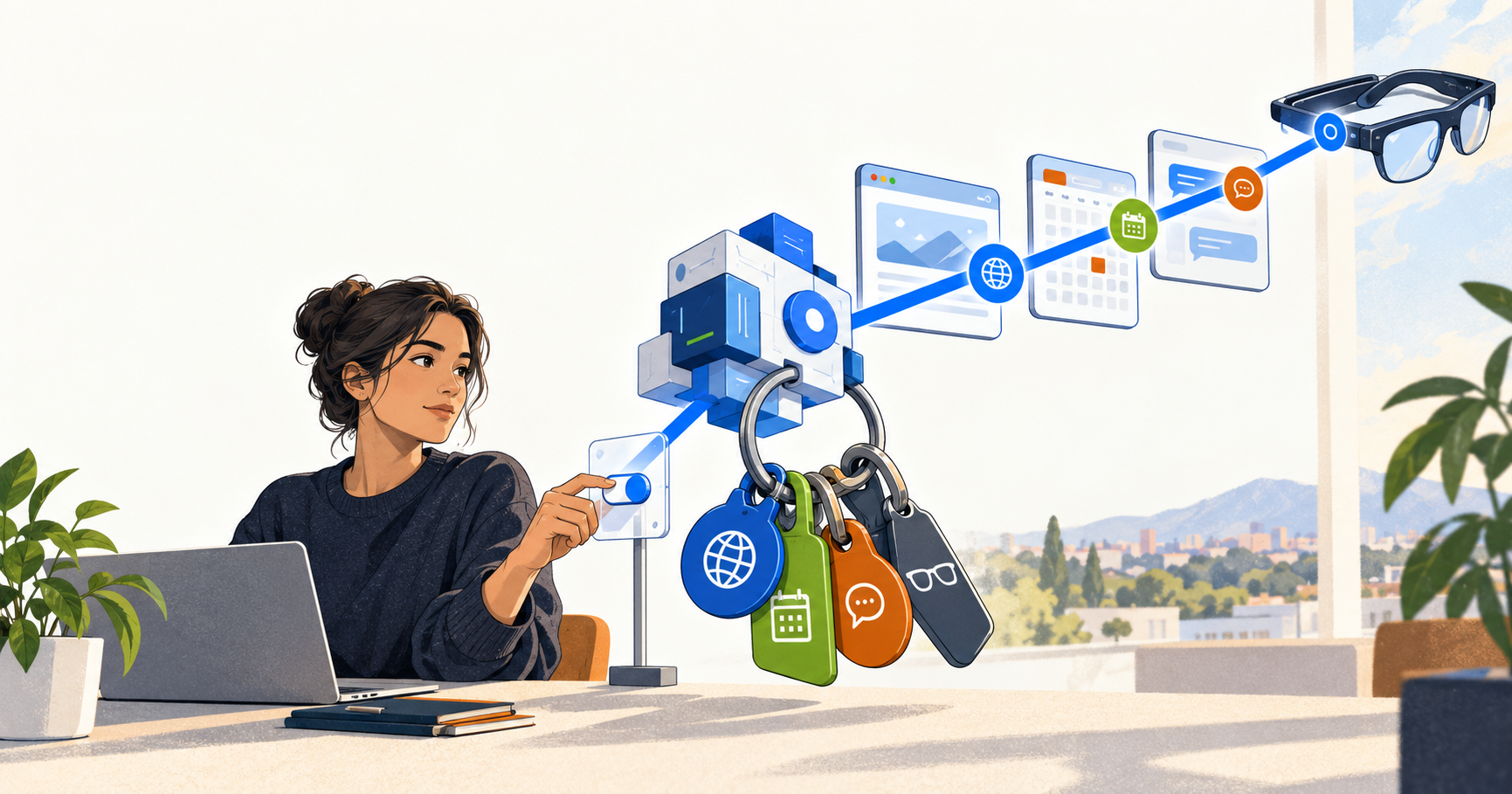 A person controls an AI agent connecting a model to a browser, calendar, messaging app, and smart glasses.