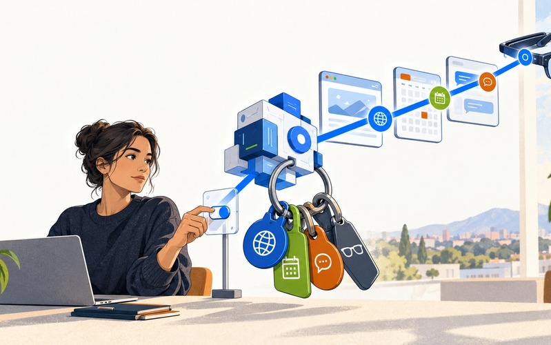 A person controls an AI agent connecting a model to a browser, calendar, messaging app, and smart glasses.
