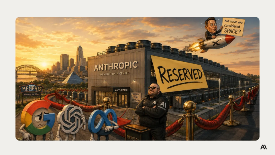 Anthropic bouncer guarding SpaceX Memphis data center while Elon Musk pitches orbital compute from space