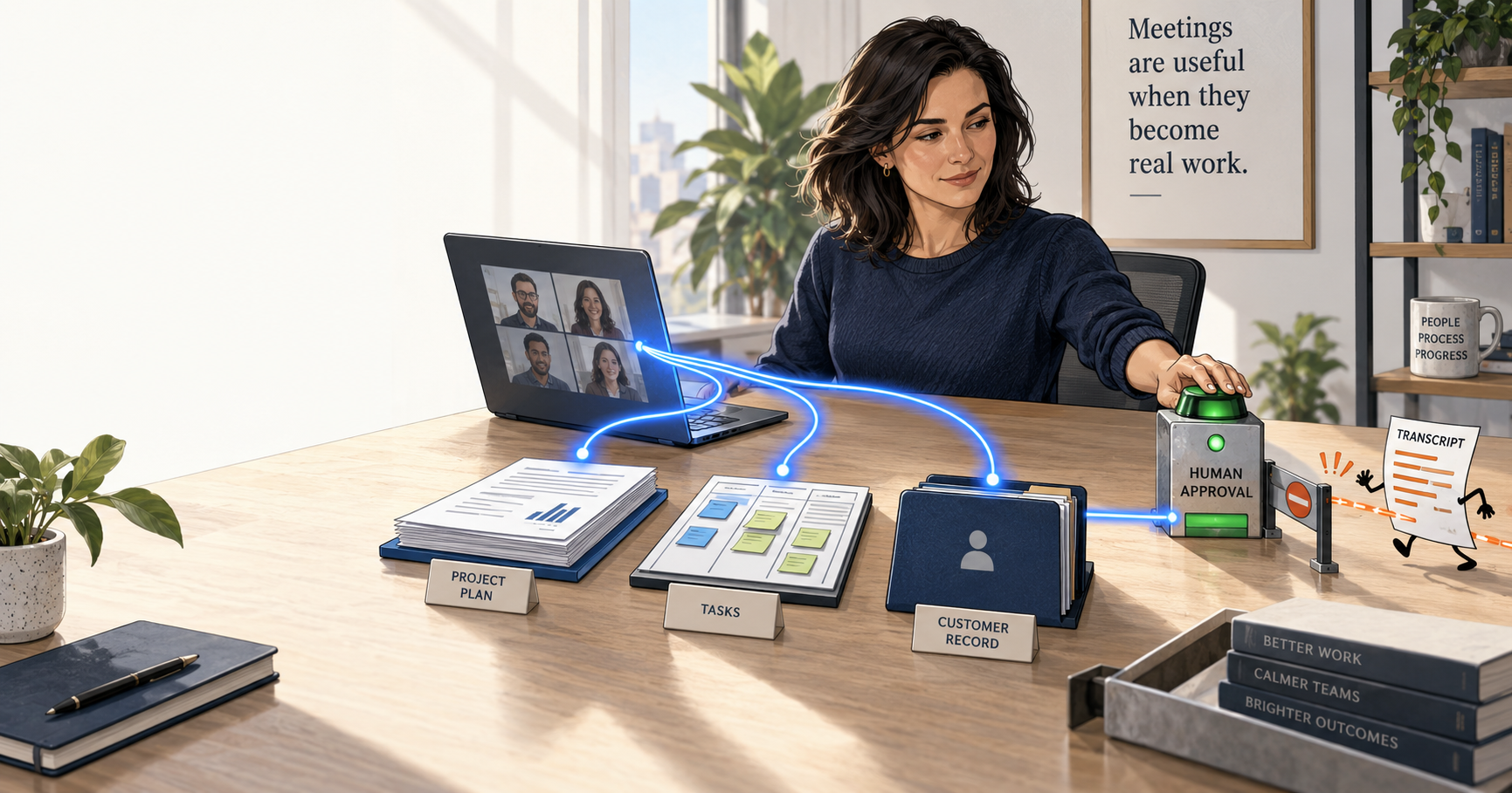 A professional guides a meeting’s blue conversation thread into documents, tasks, and a customer record before a human approval gate.