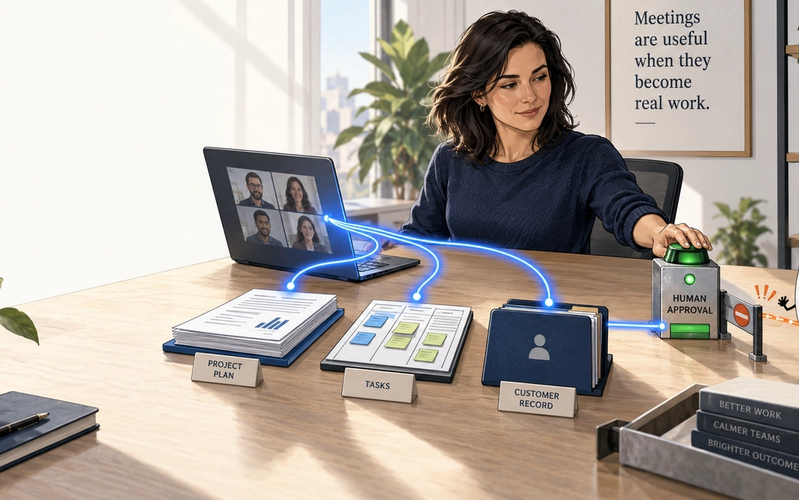A professional guides a meeting’s blue conversation thread into documents, tasks, and a customer record before a human approval gate.