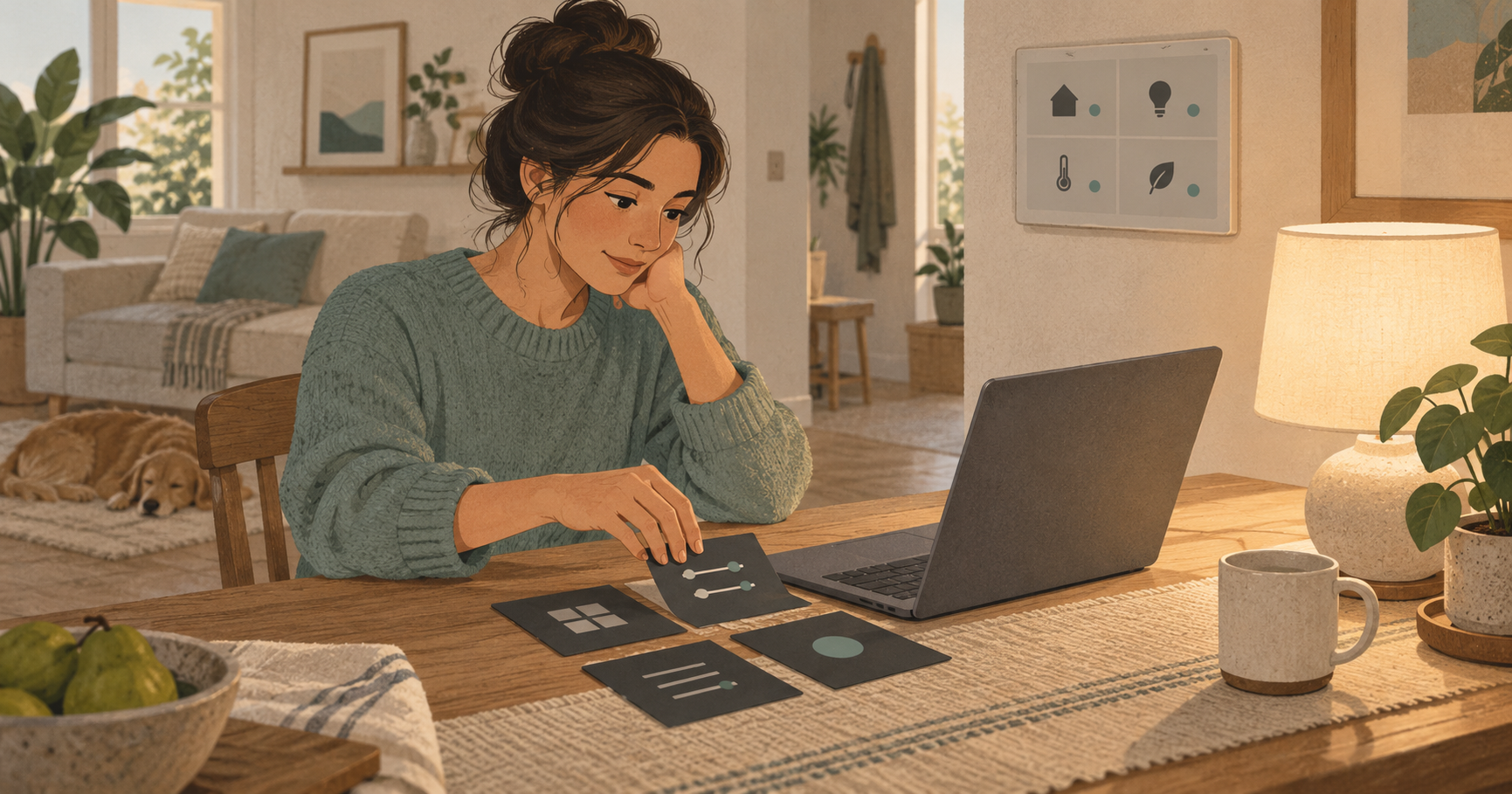 Illustration of a person arranging configuration cards beside a laptop and a lit table lamp at home.