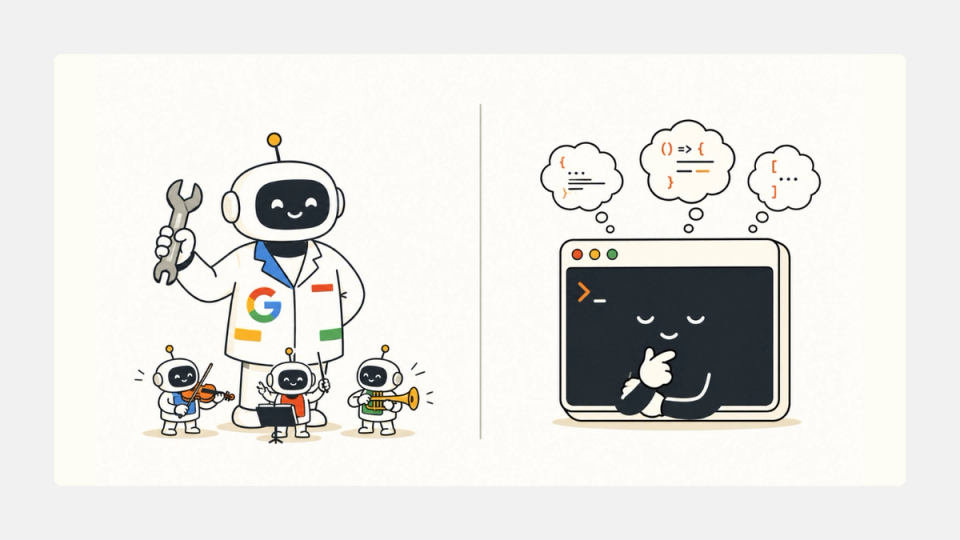 Antigravity orchestrator bot vs Claude Code terminal agent, split-screen cartoon.