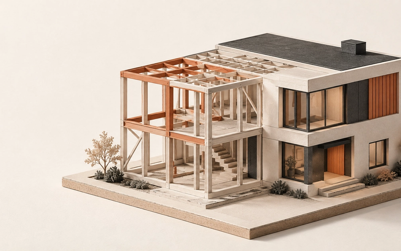Stylized 3D architectural model of a contemporary house, transitioning from an exposed terracotta-accented structural frame on the left to a finished off-white and charcoal facade on the right, symbolizing AI turning ideas into tangible, inspectable results.
