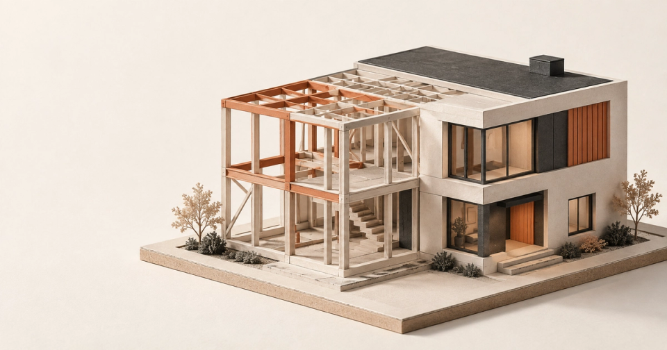 Stylized 3D architectural model of a contemporary house, transitioning from an exposed terracotta-accented structural frame on the left to a finished off-white and charcoal facade on the right, symbolizing AI turning ideas into tangible, inspectable results.
