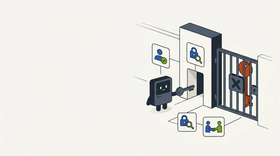 An AI agent passes through separate identity, scope, approval, audit, and recovery controls before reaching external tools.