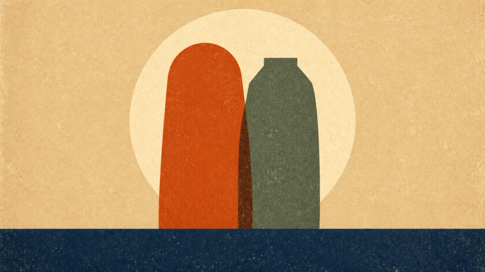 Editorial illustration of two abstract geometric figures facing each other — one terracotta orange, one muted teal — separated by a small cream-colored element, against a warm off-white background. Mid-century modern style, representing a comparison between Claude Opus 4.7 and GPT-5.5.