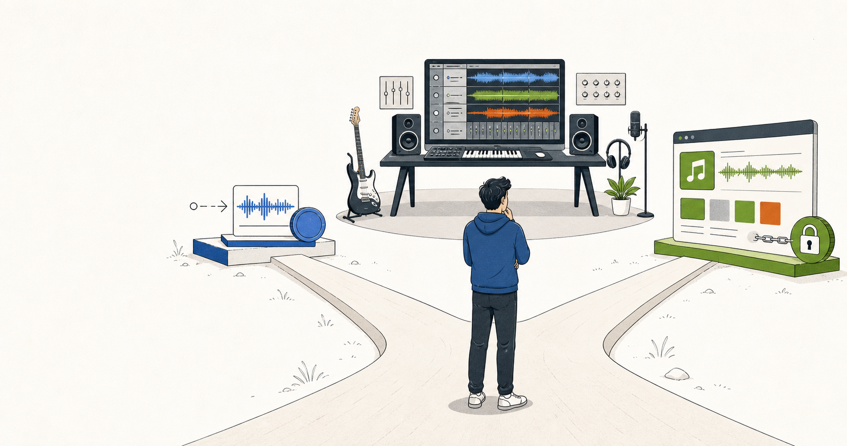 A creator compares three AI music workflows represented by an API, a music studio, and an export lock.