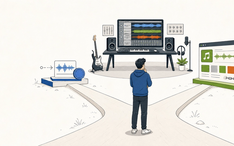 A creator compares three AI music workflows represented by an API, a music studio, and an export lock.