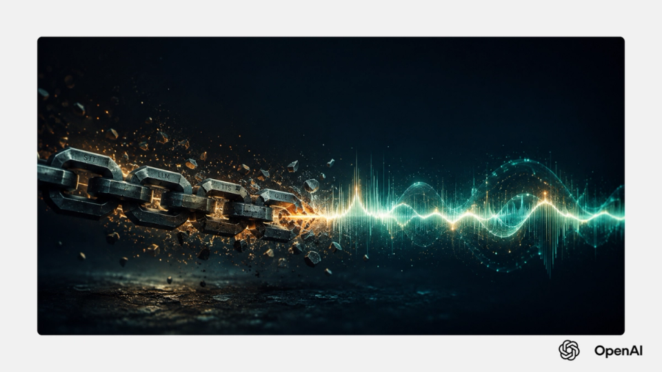 Editorial 3D illustration of a metallic chain labeled STT, LLM, TTS, and Glue breaking and collapsing into a single glowing teal voice waveform on a dark ink background. Visual metaphor for GPT-Realtime-2 replacing chained voice pipelines.