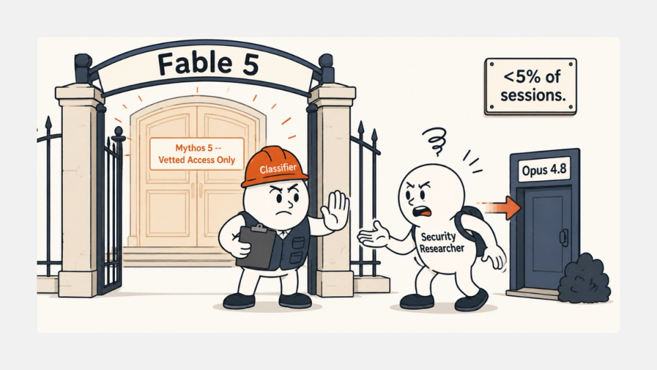 Anthropic's Fable 5 classifier rerouting a security researcher to Opus 4.8.