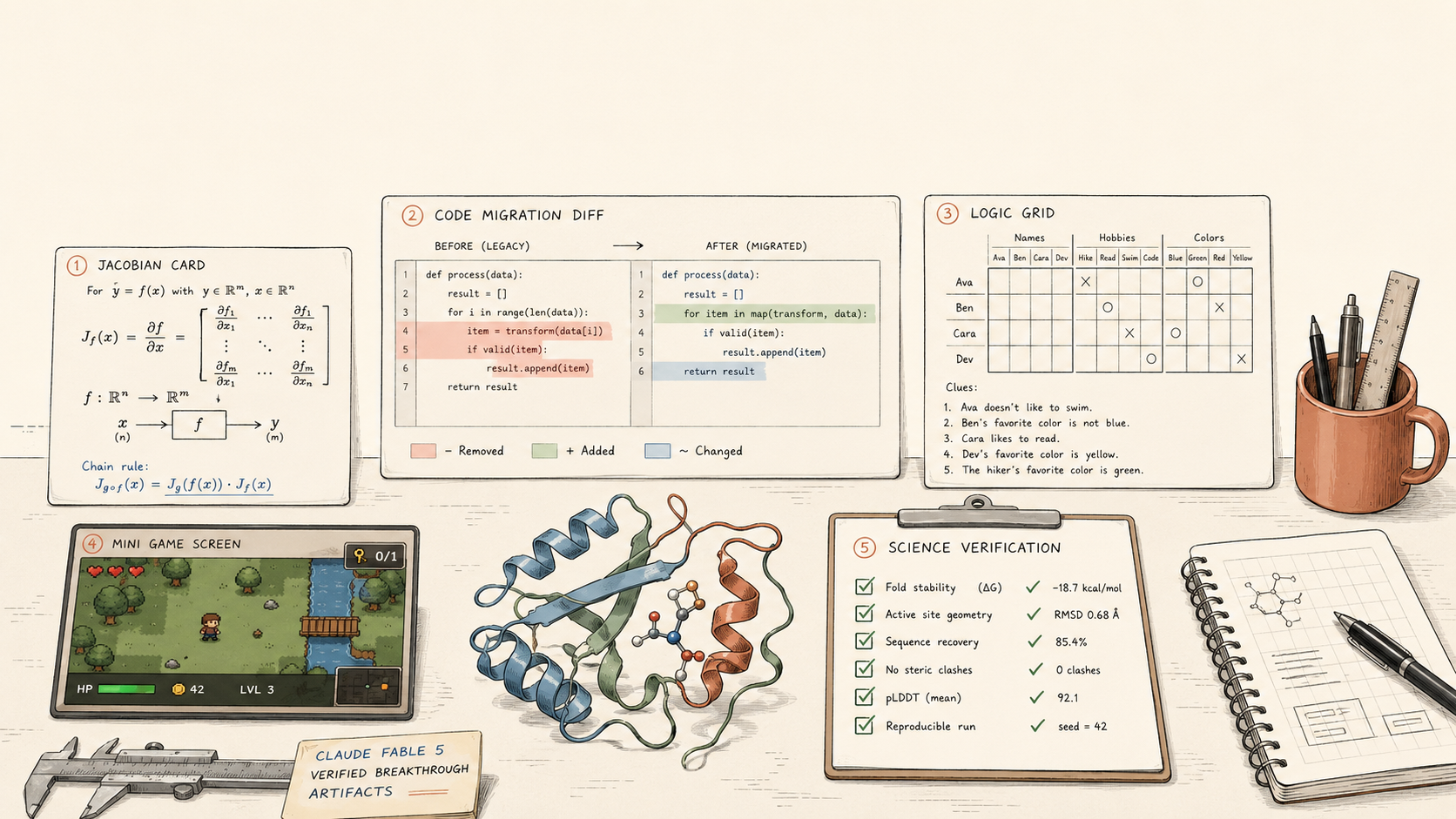 Claude Fable 5 breakthroughs shown as checkable artifacts across math, code, games, and science.