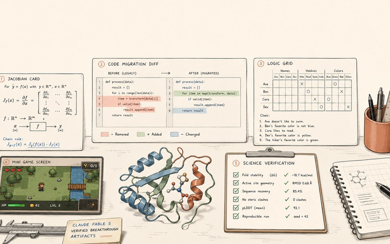 Claude Fable 5 breakthroughs shown as checkable artifacts across math, code, games, and science.