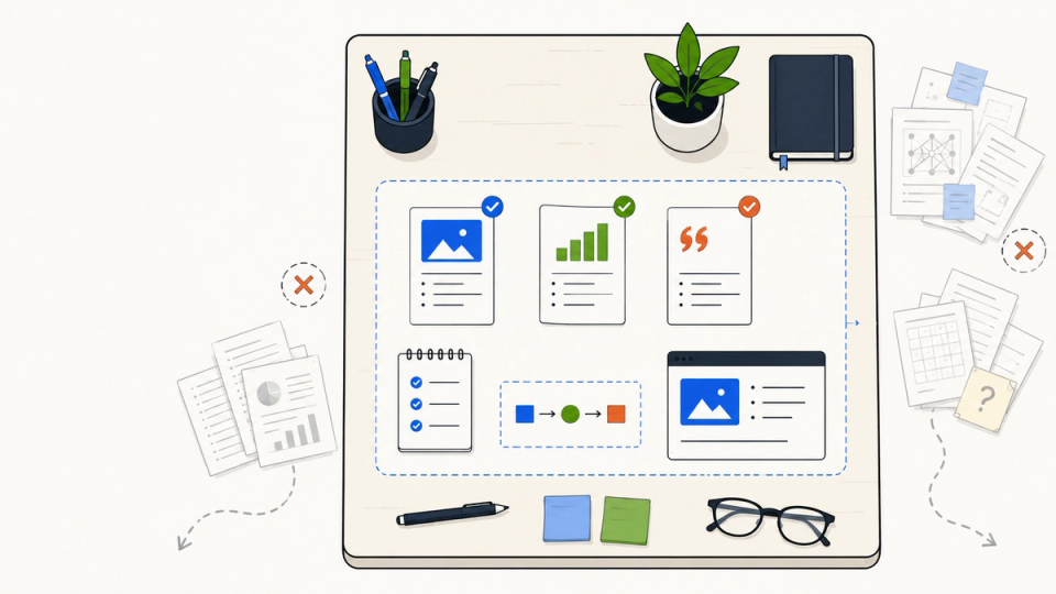 A bounded AI workspace contains selected instructions, evidence, tools, and output space while excess context sits outside.