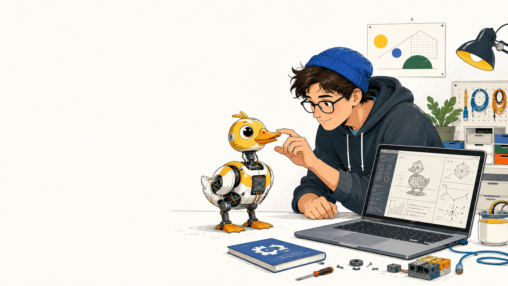 A small duck-shaped robot stands beside a laptop running a robotics simulation while a builder prepares to teach it.