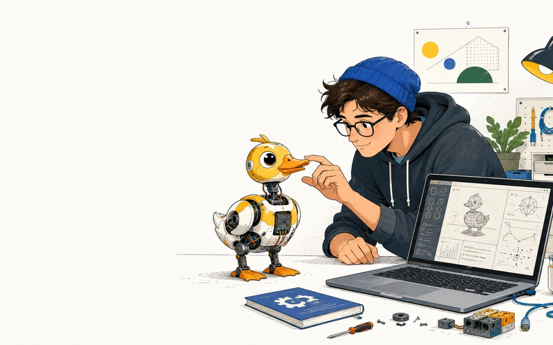 A small duck-shaped robot stands beside a laptop running a robotics simulation while a builder prepares to teach it.