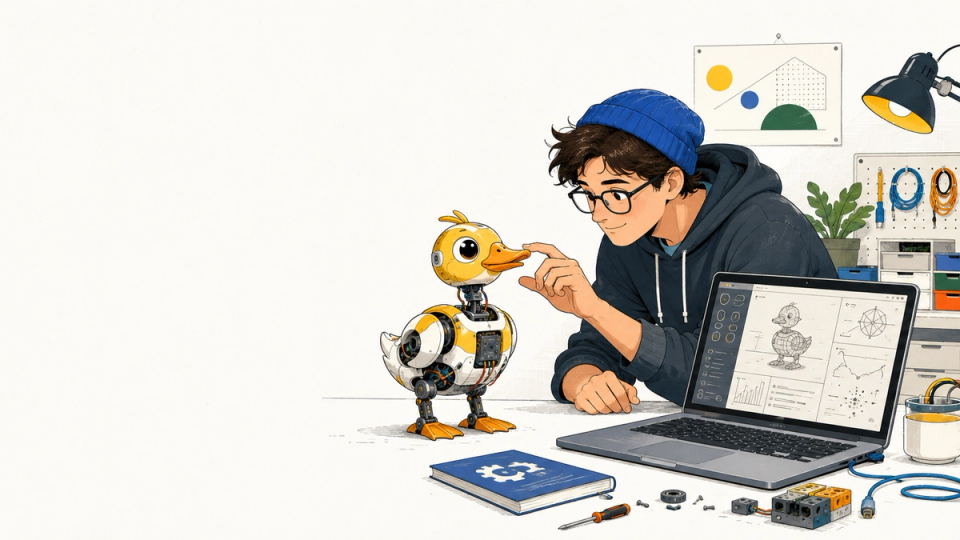 A small duck-shaped robot stands beside a laptop running a robotics simulation while a builder prepares to teach it.