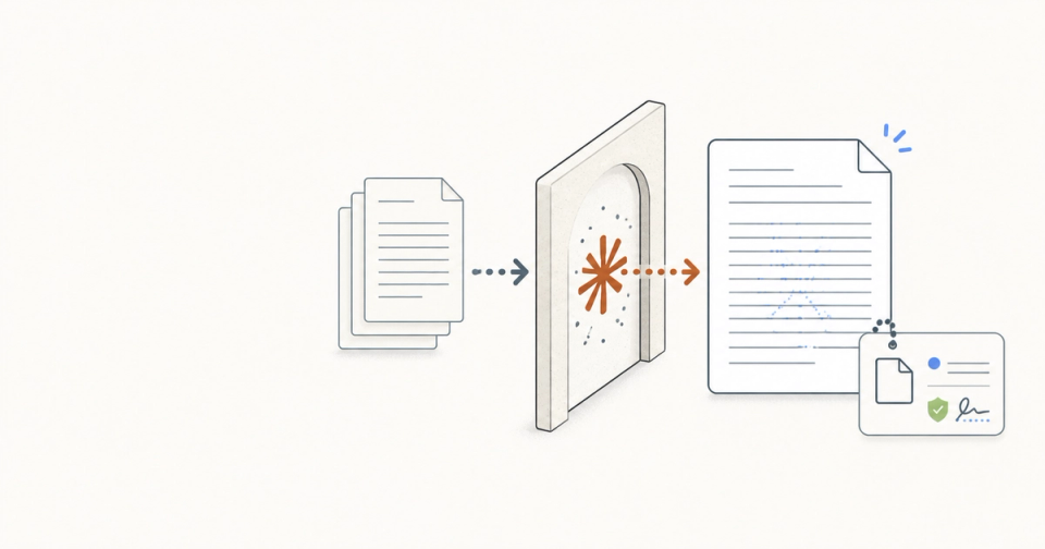 A Claude-assisted document moves through invisible text marking, signed file metadata, and human review.
