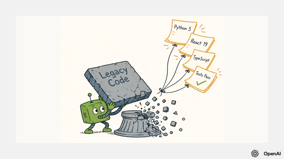 Light-theme editorial cartoon of a friendly Codex agent lifting a dusty stone tablet labeled Legacy Code off a cracked pedestal while fresh paper sheets labeled Python 3, React 19, TypeScript, and Tests Pass float up behind it. Visual metaphor for using Codex to migrate brownfield codebases.
