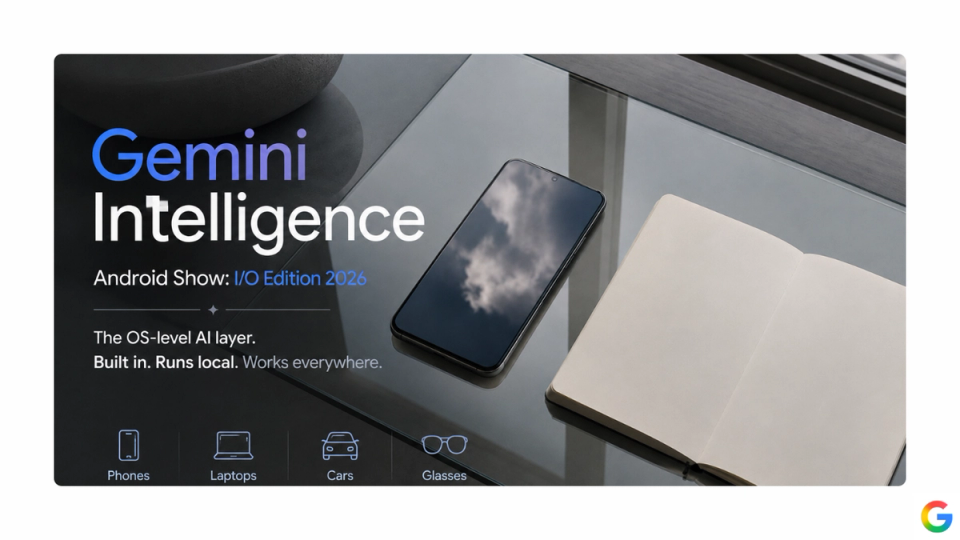 Light-theme editorial cartoon of a two-runner race: an Apple Intelligence character still at the start line holding a clipboard stamped "Promised 2024," while a four-armed Gemini Intelligence character has already crossed a finish tape labeled "Shipping Summer 2026," juggling icons for Gboard, Chrome, a widget, and a Googlebook laptop.