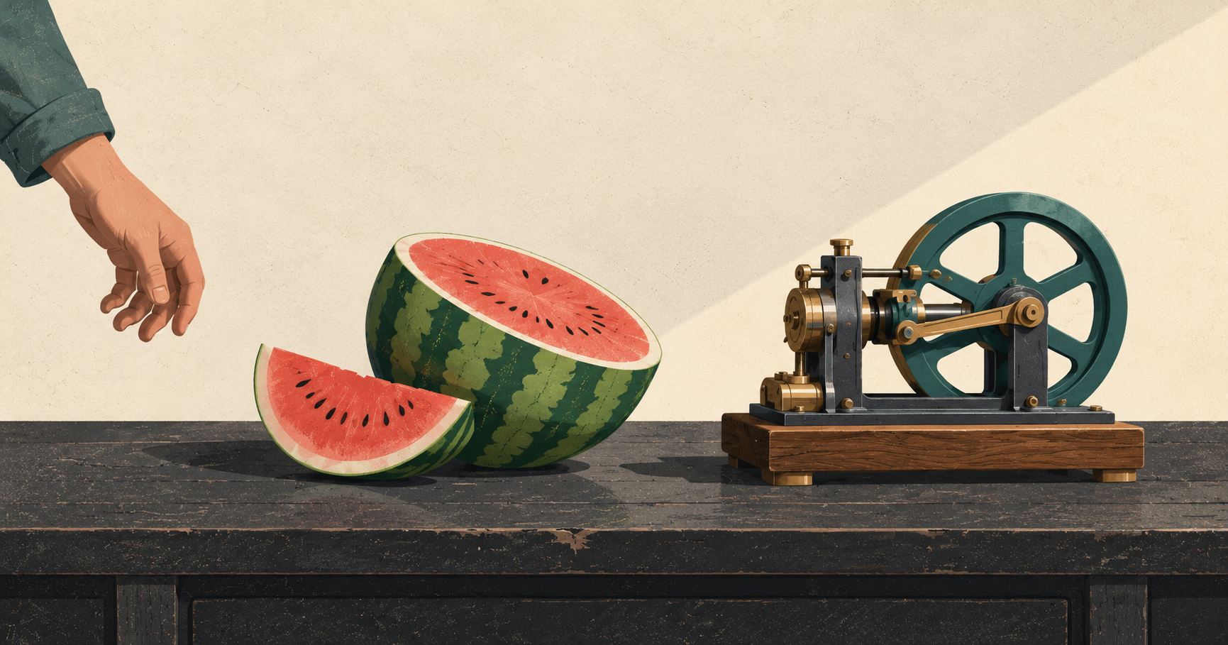 A sliced watermelon beside a completed mechanism as a human hand moves away from the workbench.