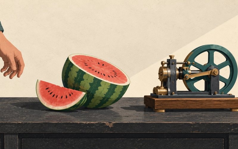 A sliced watermelon beside a completed mechanism as a human hand moves away from the workbench.